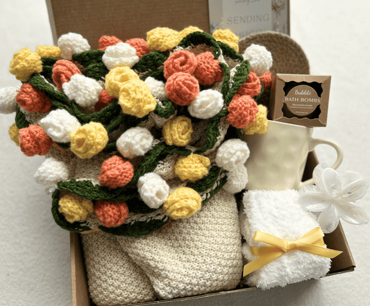 Happy Birthday Gift Basket for Best Friend – Handmade Crochet Flower Bouquet & Spa Set - Basketful Gifts