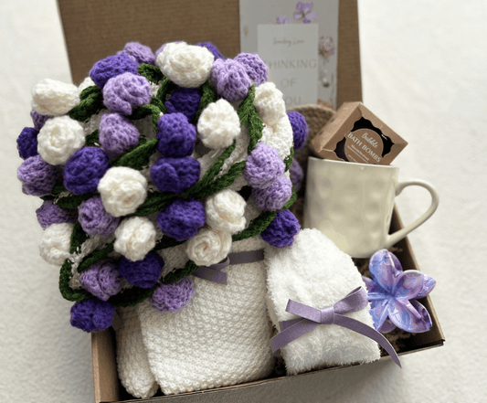 Happy Birthday Gift Basket for Best Friend – Handmade Crochet Flower Bouquet & Spa Set - Basketful Gifts