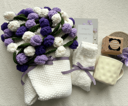 Happy Birthday Gift Basket for Best Friend – Handmade Crochet Flower Bouquet & Spa Set - Basketful Gifts