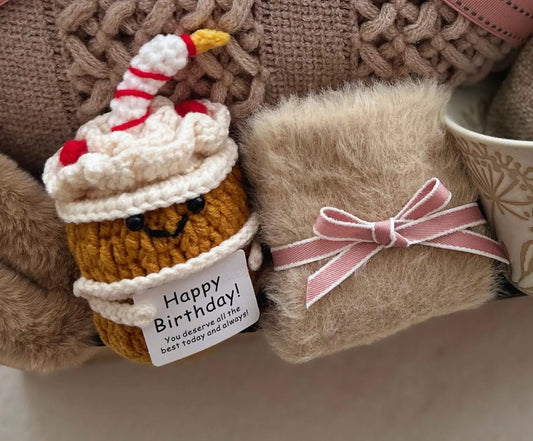 Happy Birthday Gift Basket for Her with Aesthetic Knit Blanket and Cute Crochet Birthday Cake Toy - Basketful Gifts