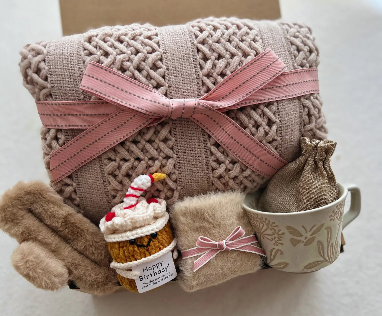 Happy Birthday Gift Basket for Her with Aesthetic Knit Blanket and Cute Crochet Birthday Cake Toy - Basketful Gifts