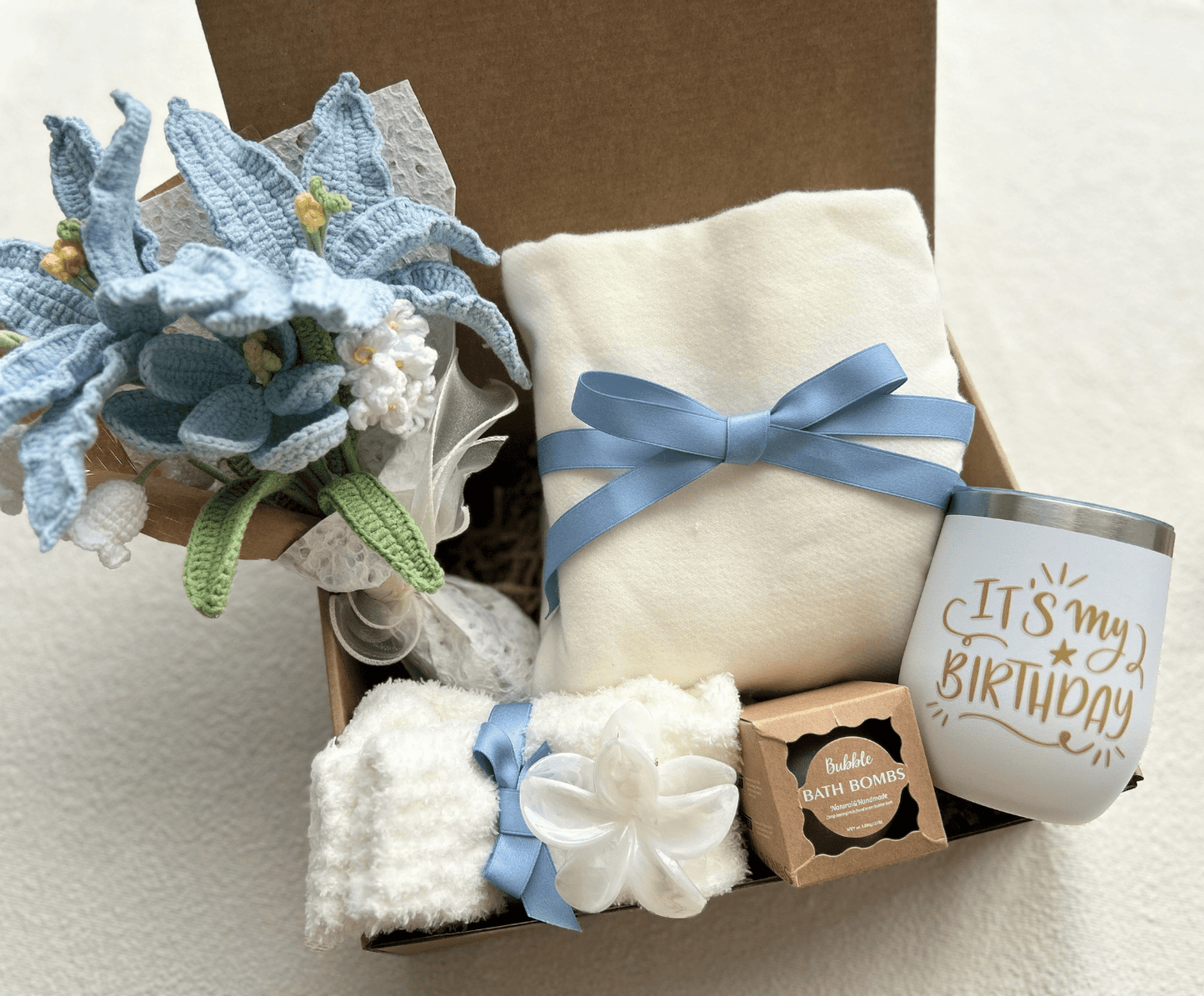 Happy Birthday Gift Baskets for Her – Blue Spa Gift Box with Birthday tumbler, Bath Bombs, Cozy Socks & Flower Bouquet
