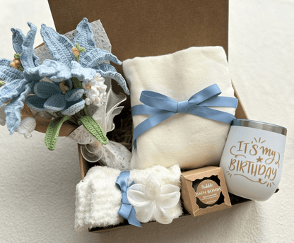 Happy Birthday Gift Baskets for Her – Blue Spa Gift Box with Birthday tumbler, Bath Bombs, Cozy Socks & Flower Bouquet