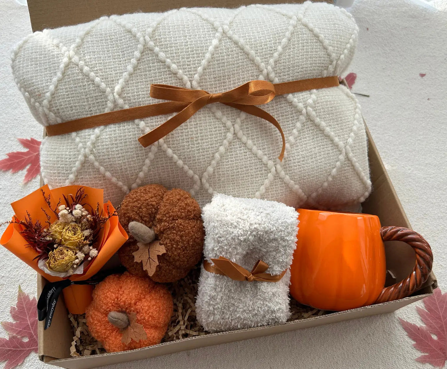 Happy Thanksgiving Gift Basket with Blanket & Mini Dried Flower Bouquet - Basketful Gifts