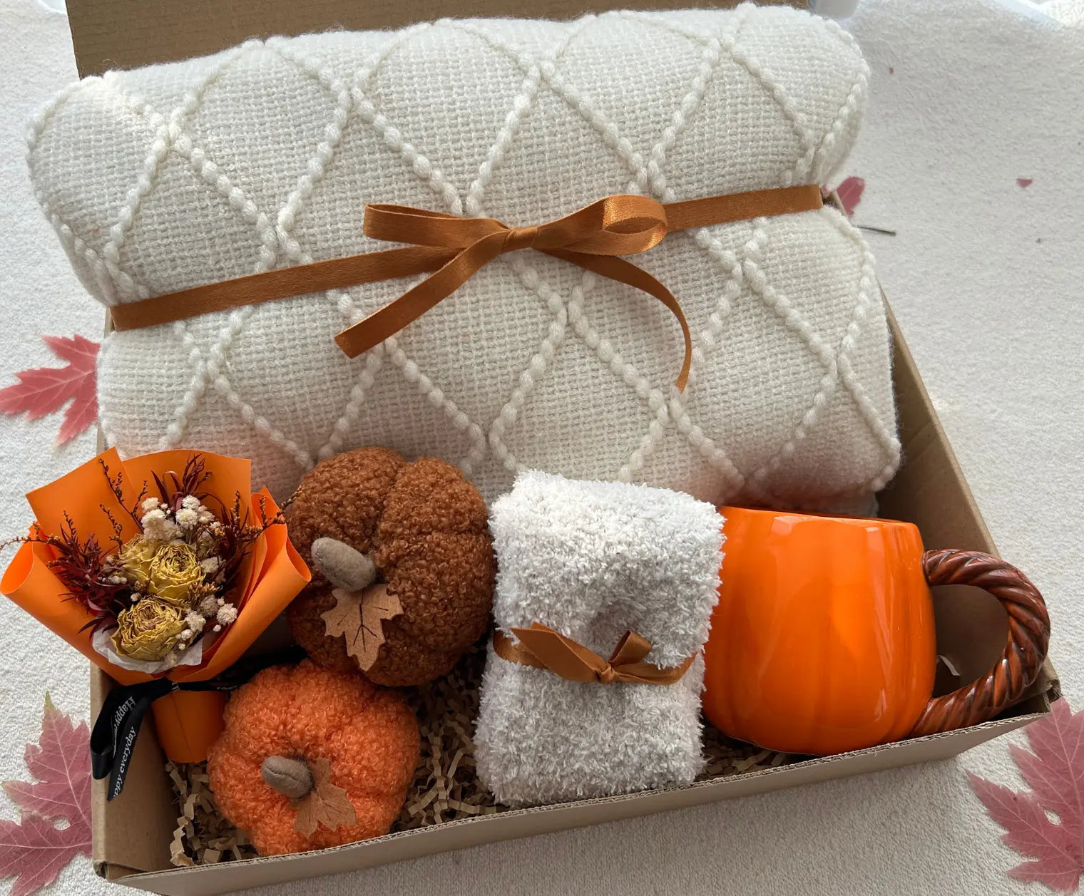 Happy Thanksgiving Gift Basket with Blanket & Mini Dried Flower Bouquet - Basketful Gifts