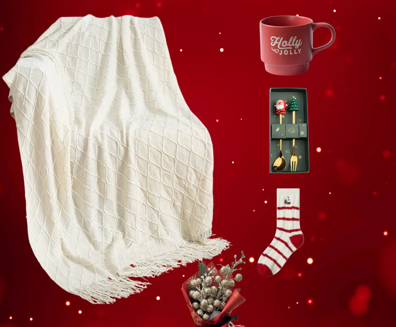 Holly Jolly Christmas Gift Basket with Cozy Blanket & Holiday Mug - Basketful Gifts