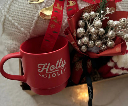 Holly Jolly Christmas Gift Basket with Cozy Blanket & Holiday Mug - Basketful Gifts
