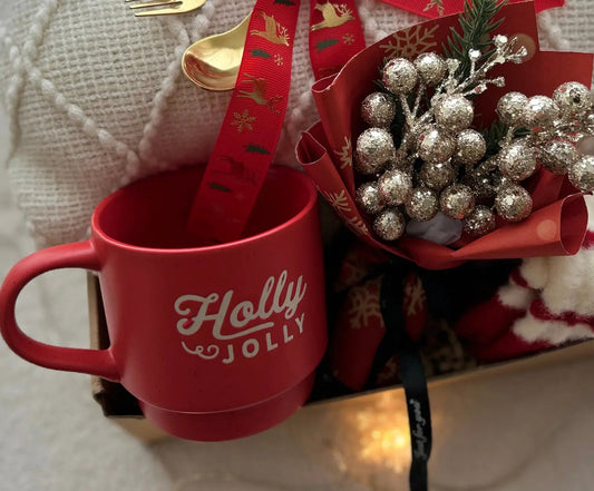 Holly Jolly Christmas Gift Basket with Cozy Blanket & Holiday Mug - Basketful Gifts