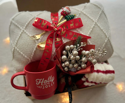 Holly Jolly Christmas Gift Basket with Cozy Blanket & Holiday Mug - Basketful Gifts