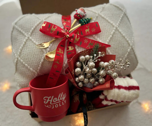 Holly Jolly Christmas Gift Basket with Cozy Blanket & Holiday Mug - Basketful Gifts