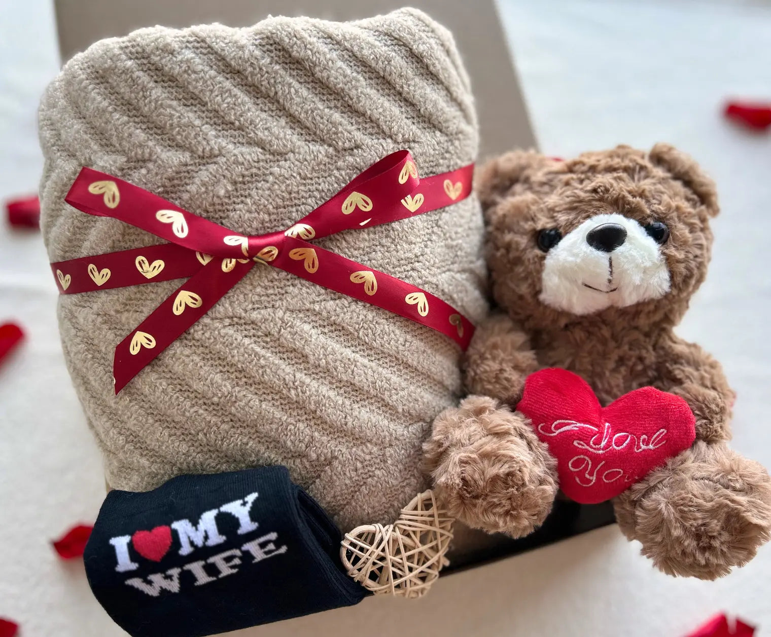 Husband Gifts for Valentines Day – Cozy Knit Blanket, Teddy Bear & Love Socks - Basketful Gifts