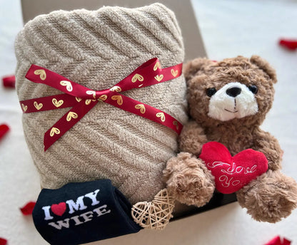 Husband Gifts for Valentines Day – Cozy Knit Blanket, Teddy Bear & Love Socks - Basketful Gifts