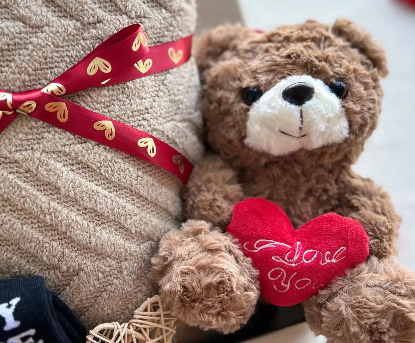 Husband Gifts for Valentines Day – Cozy Knit Blanket, Teddy Bear & Love Socks - Basketful Gifts