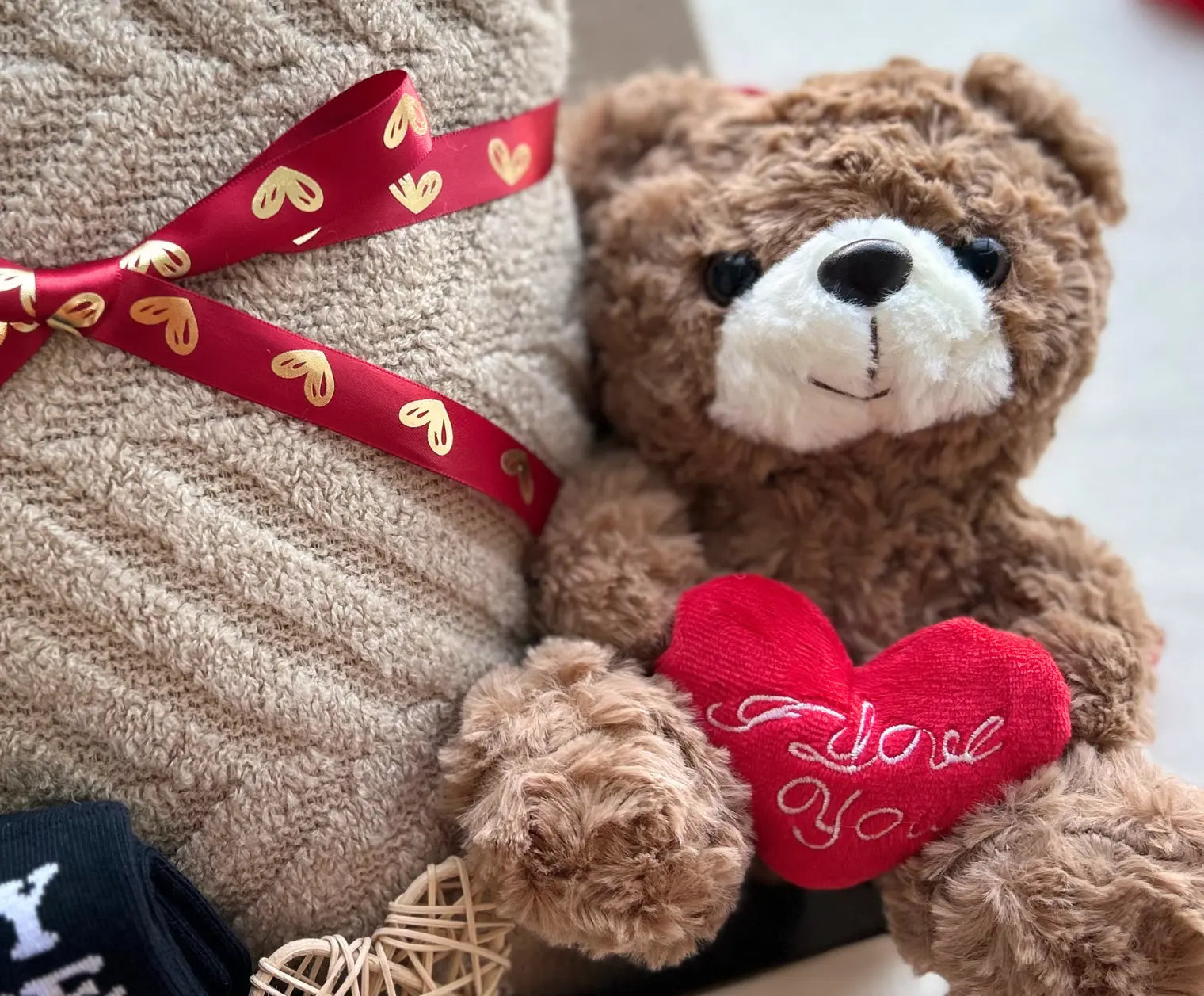Husband Gifts for Valentines Day – Cozy Knit Blanket, Teddy Bear & Love Socks - Basketful Gifts