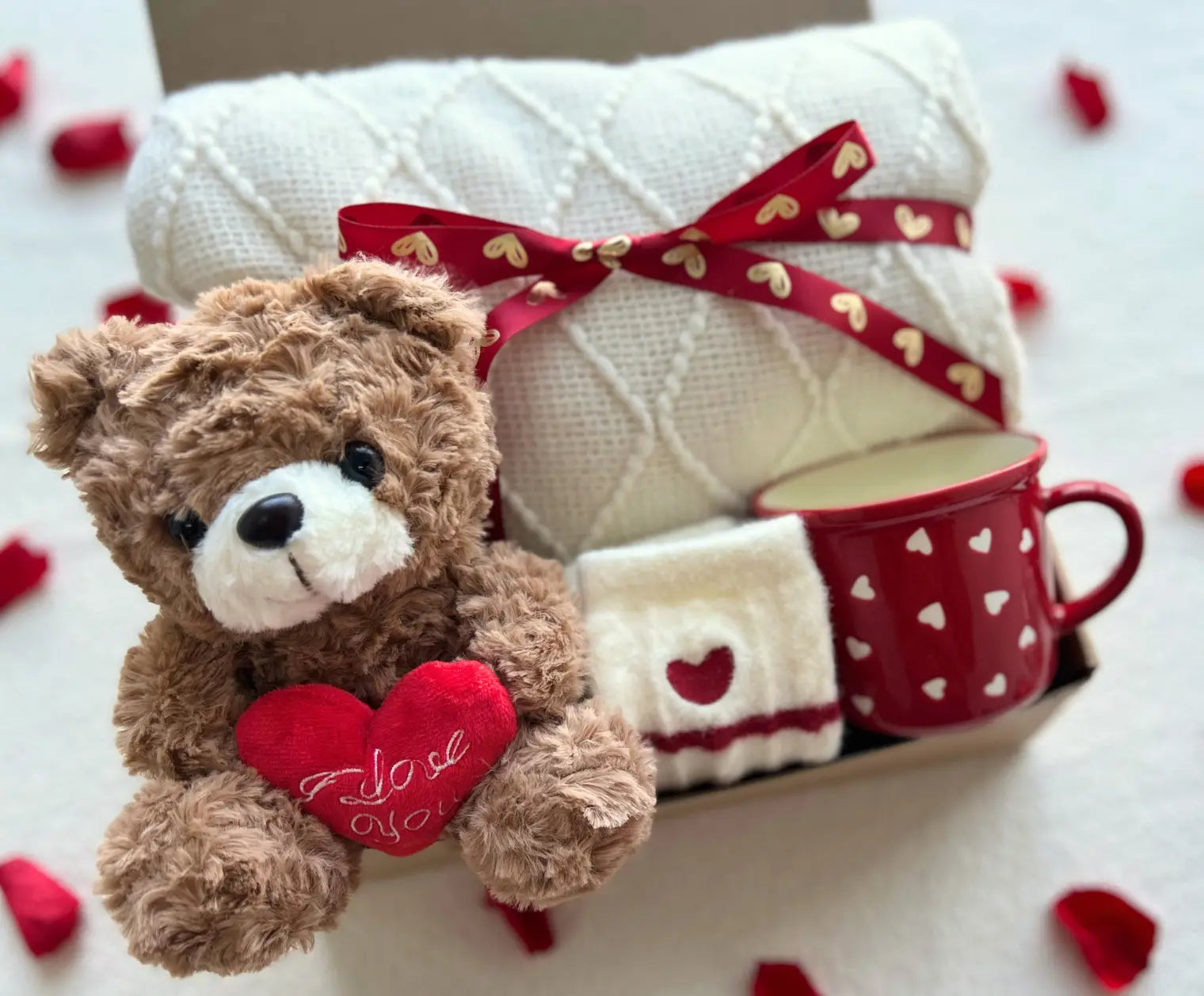 Luxury Valentine’s Day Gift Basket for Her – Teddy Bear, Cozy Knit Blanket & Heart Mug Set - Basketful Gifts