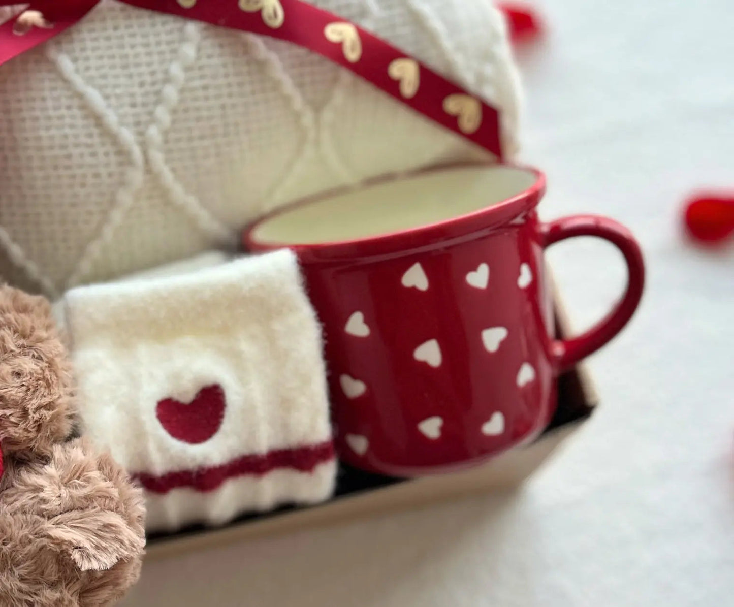 Luxury Valentine’s Day Gift Basket for Her – Teddy Bear, Cozy Knit Blanket & Heart Mug Set - Basketful Gifts