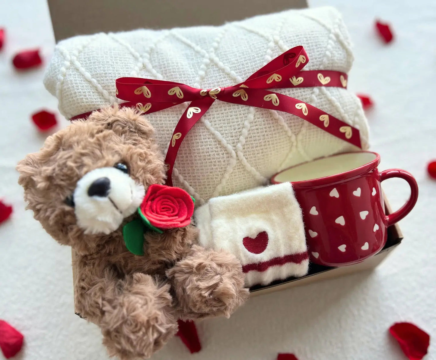 Luxury Valentine’s Day Gift Basket for Her – Teddy Bear, Cozy Knit Blanket & Heart Mug Set - Basketful Gifts