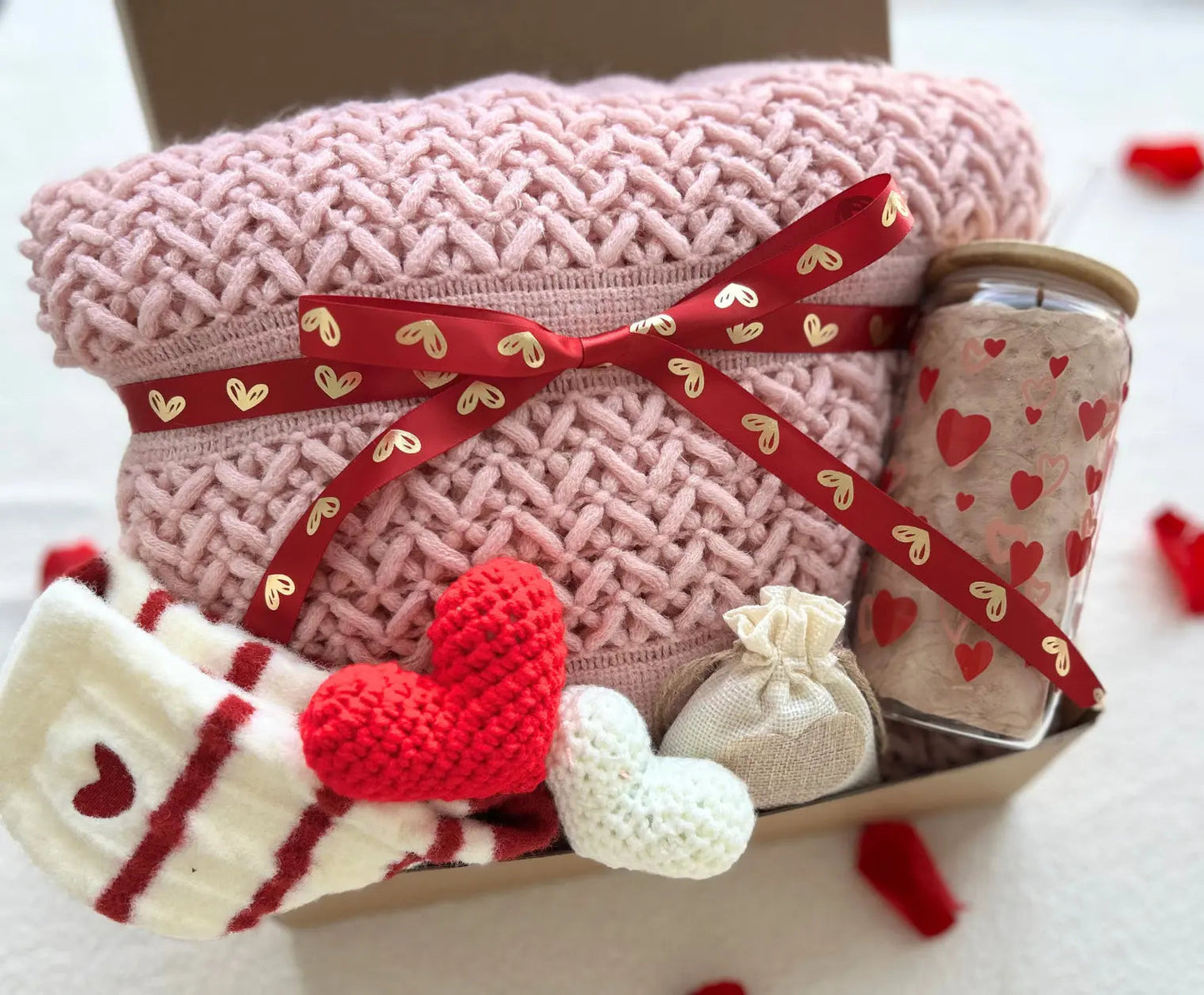 Luxury Valentine’s Day Gift Box for Her – Cozy Pink Knit Blanket & Heartfelt Keepsake Set - Basketful Gifts