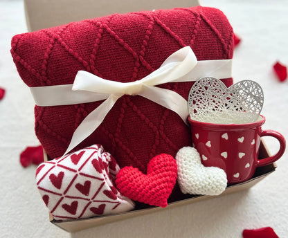Luxury Valentine’s Gift for Her - with Red Cozy Blanket and Crochet Heart - Basketful Gifts