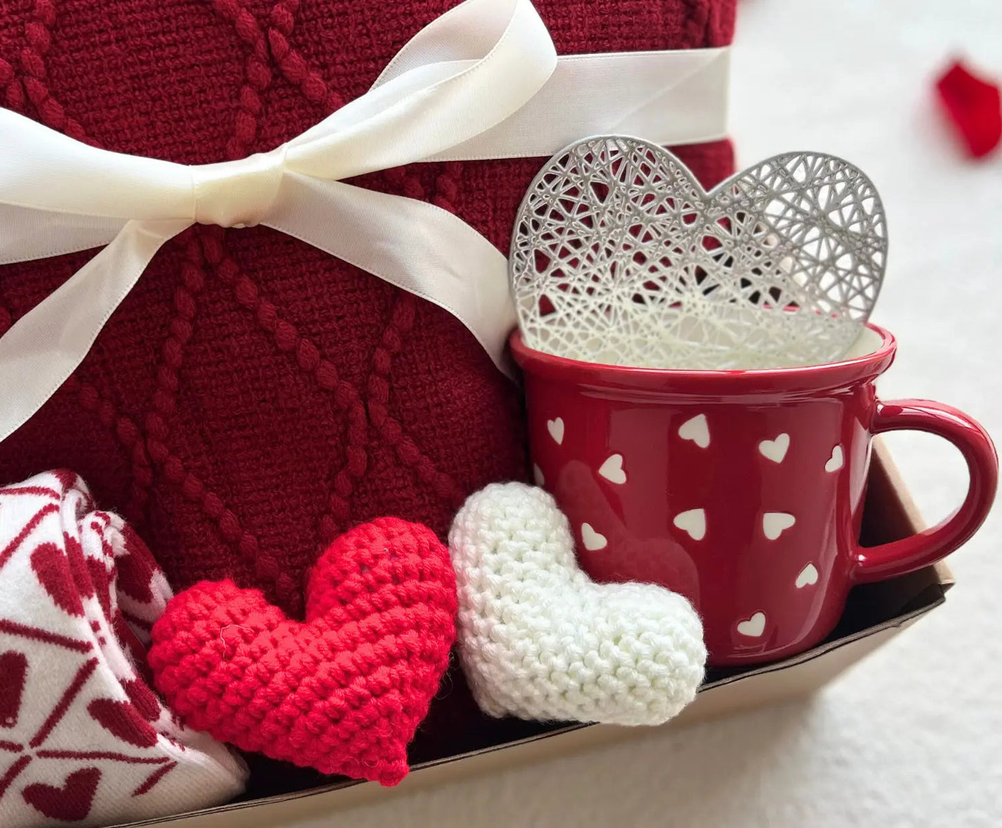 Luxury Valentine’s Gift for Her - with Red Cozy Blanket and Crochet Heart - Basketful Gifts