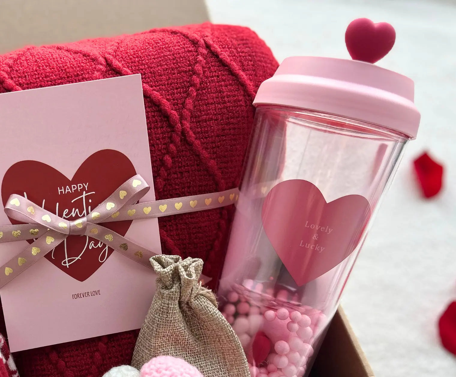 Luxury Valentine’s Gift for Her - with Red Cozy Blanket and Crochet Heart - Basketful Gifts