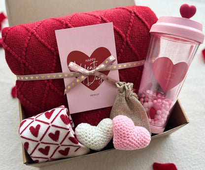 Luxury Valentine’s Gift for Her - with Red Cozy Blanket and Crochet Heart - Basketful Gifts