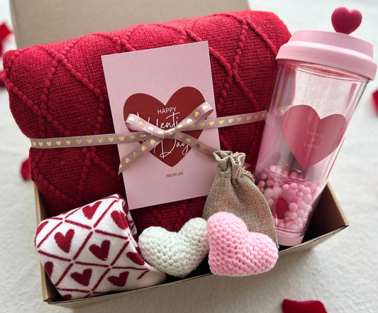 Luxury Valentine’s Gift for Her - with Red Cozy Blanket and Crochet Heart - Basketful Gifts