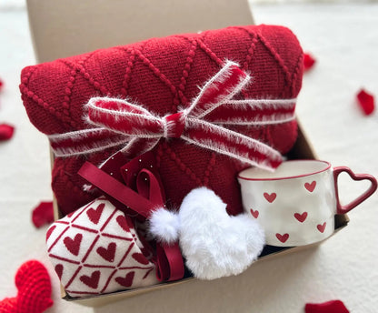 Luxury Valentine’s Gift for Her - with Red Cozy Blanket and Crochet Heart - Basketful Gifts