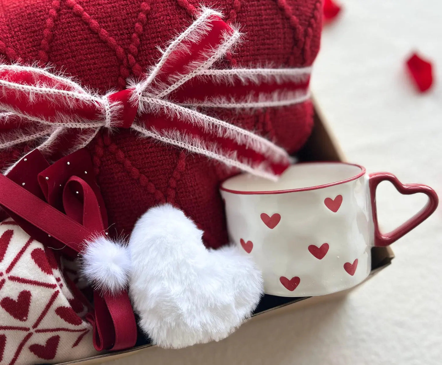 Luxury Valentine’s Gift for Her - with Red Cozy Blanket and Crochet Heart - Basketful Gifts
