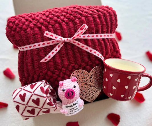 Personalized Valentine Gift for Grandma/Friends – Cozy Blanket, Heart Mug, Socks & Sweet Keepsake - Basketful Gifts