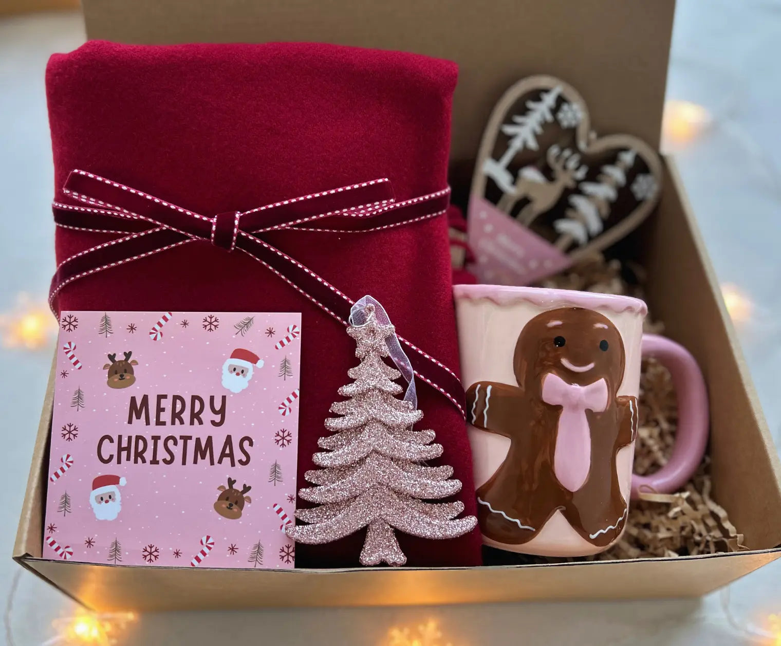 Pink Christmas Gift Baskets for Her with Burgundy Scarf and Tumbler - Basketful Gifts