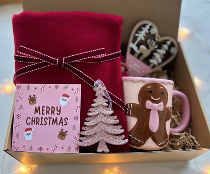 Pink Christmas Gift Baskets for Her with Burgundy Scarf and Tumbler - Basketful Gifts