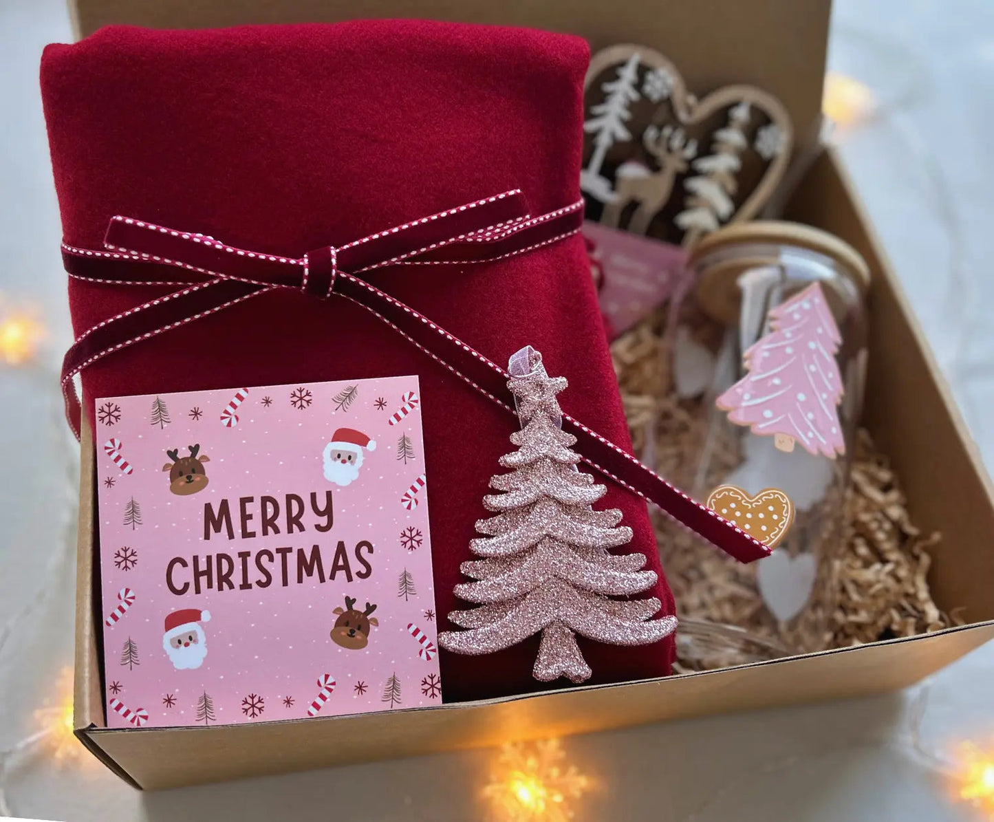 Pink Christmas Gift Baskets for Her with Burgundy Scarf and Tumbler - Basketful Gifts
