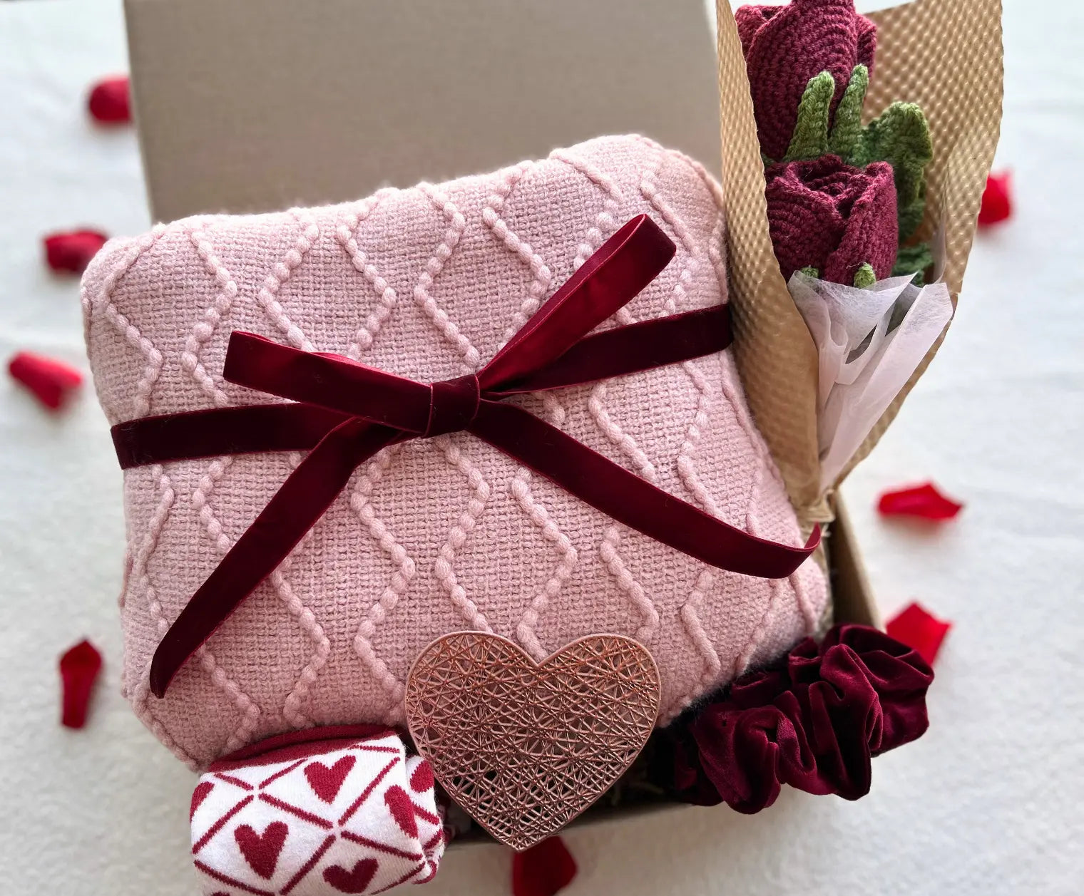 Romantic Pink Valentine's Day Gift Basket-Knit Blanket, Crochet Roses, Heart Socks & Cozy Accessories - Basketful Gifts