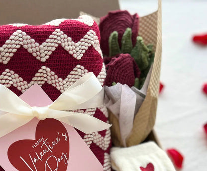 Romantic Valentine’s Gift for Her - with Burgundy Cozy Blanket and Crochet Rose Bouquet - Basketful Gifts