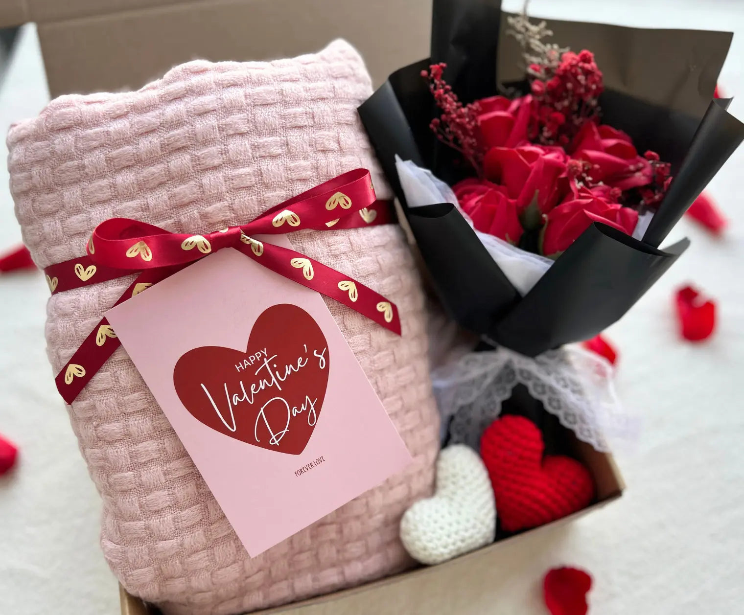 Romantic Valentine’s Gift for Her - with Pink Cozy Blanket and Crochet Rose Bouquet - Basketful Gifts