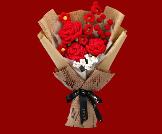 Romantic Valentine’s Gift for Her - with Pink Cozy Blanket and Crochet Rose Bouquet - Basketful Gifts