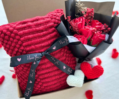 Romantic Valentine’s Gift for Her - with Red Cozy Blanket and Rose Bouquet - Basketful Gifts
