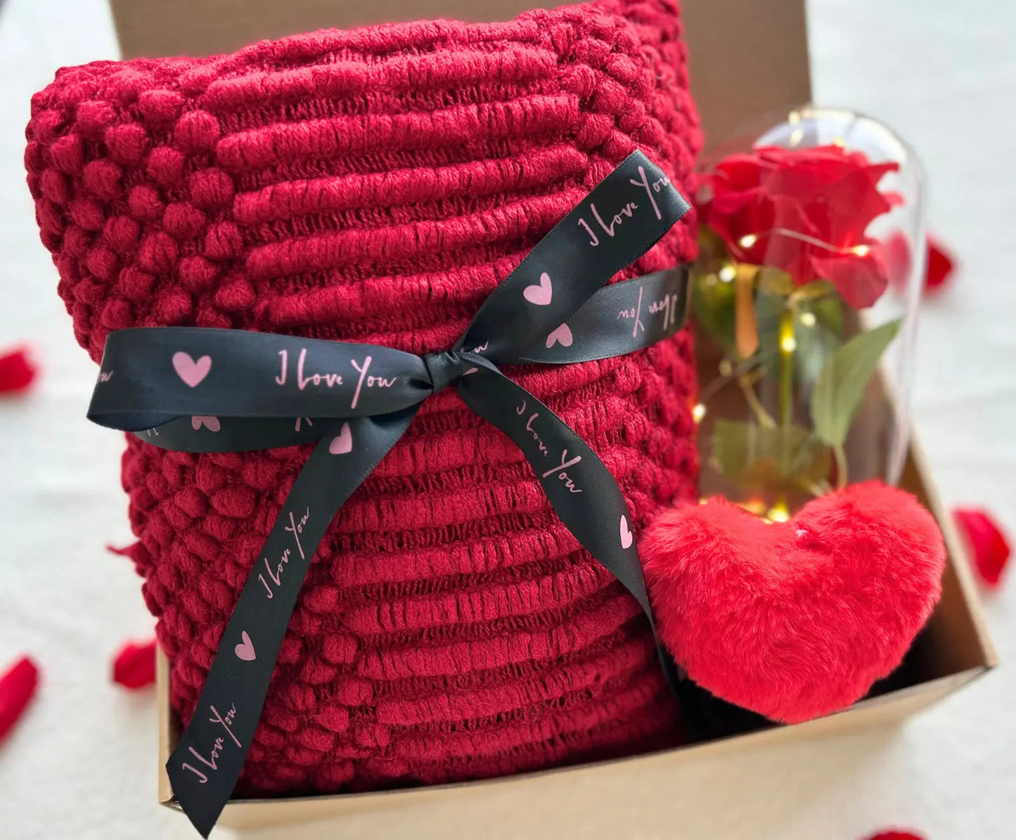 Romantic Valentine’s Gift for Her - with Red Cozy Blanket and Rose Bouquet - Basketful Gifts