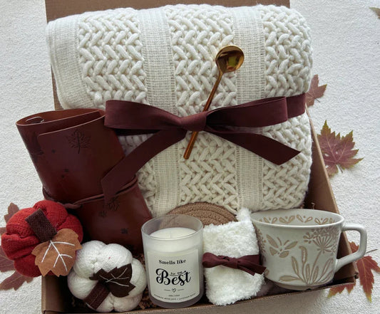 Cozy Self Care Gift Basket for Women & Men with Crochet Blanket
