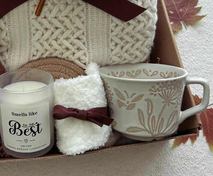 Cozy Self Care Gift Basket for Women & Men with Crochet Blanket