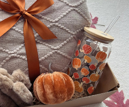 Sending Hugs in Fall Season Basket with Blanket and Pumpkin Tumbler - Basketful Gifts