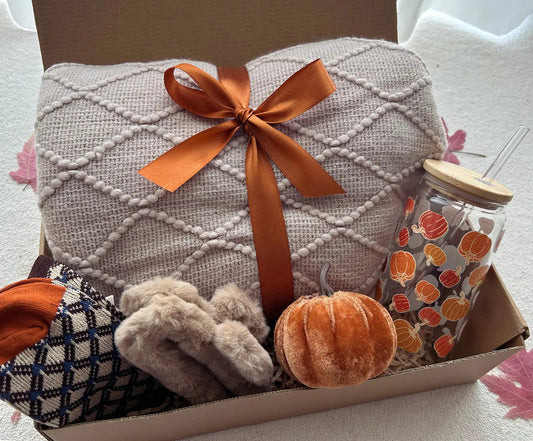 Sending Hugs in Fall Season Basket with Blanket and Pumpkin Tumbler - Basketful Gifts