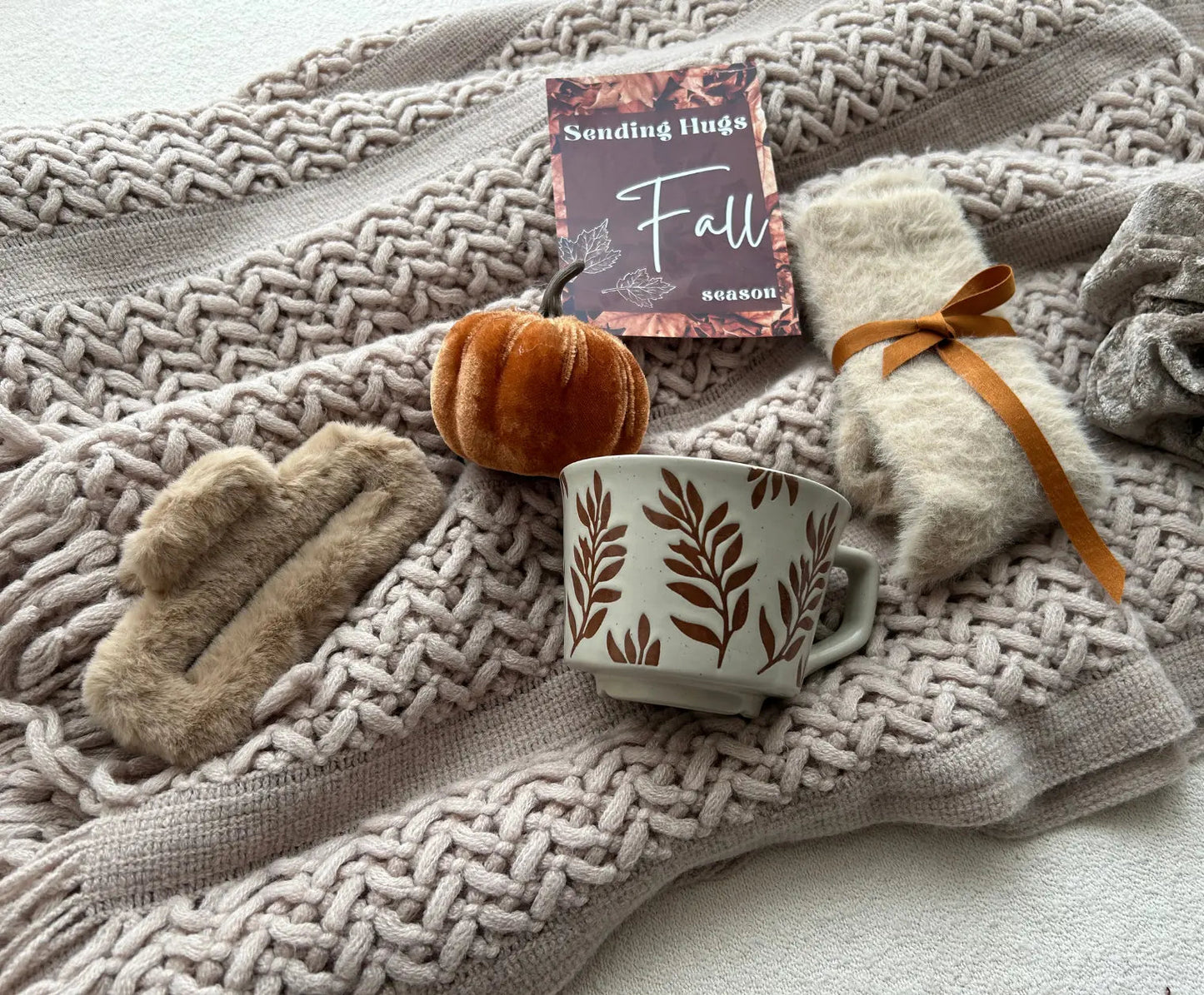 Sending Hugs in Fall Season Gift Basket with Blanket & Fall Leaf Mug - Basketful Gifts