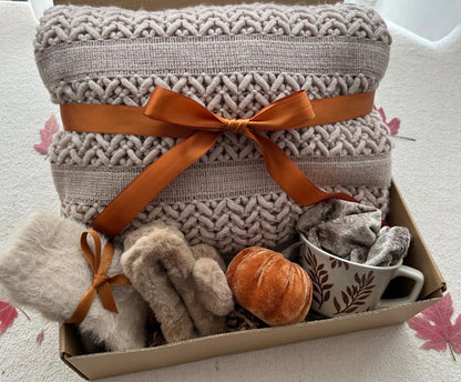 Sending Hugs in Fall Season Gift Basket with Blanket & Fall Leaf Mug - Basketful Gifts