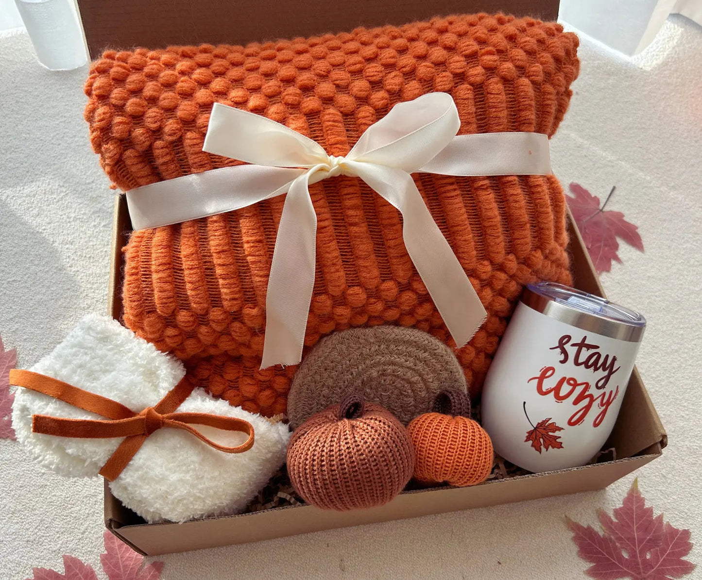 Stay Cozy Care Package with Blanket and Stainless Tumbler - Basketful Gifts