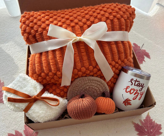 Stay Cozy Care Package with Blanket and Stainless Tumbler - Basketful Gifts