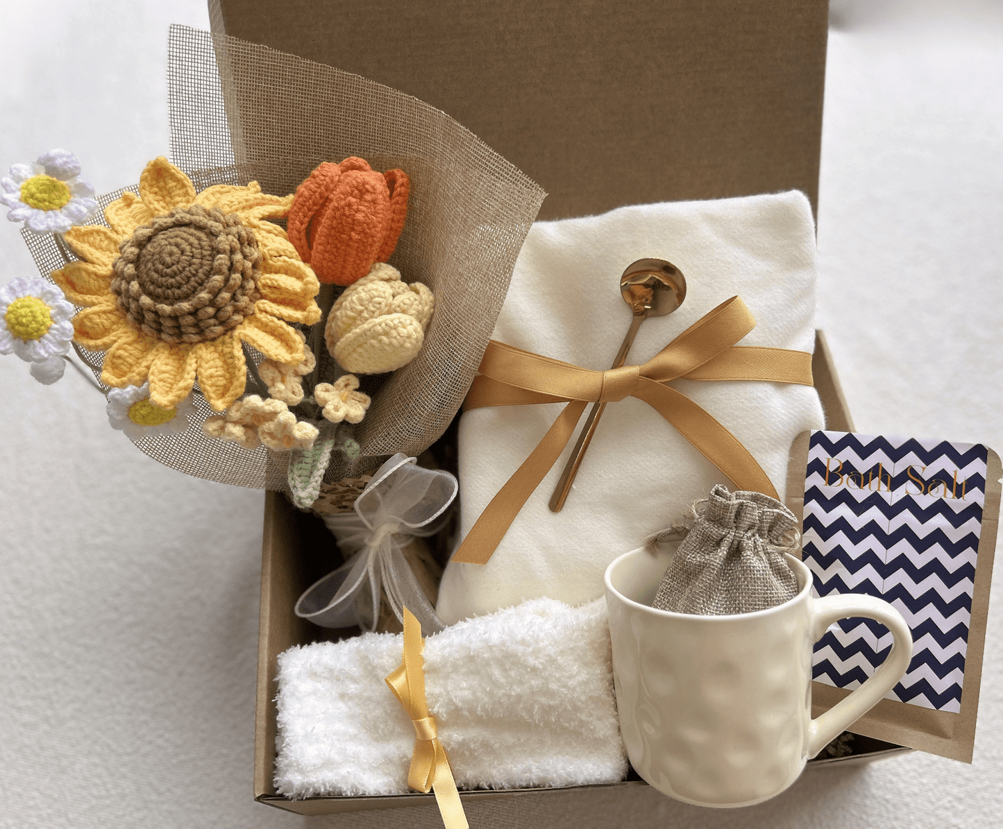 Sunflower Gift Basket with Handmade Crochet Sunflower Bouquet and Spa Essentials - Basketful Gifts