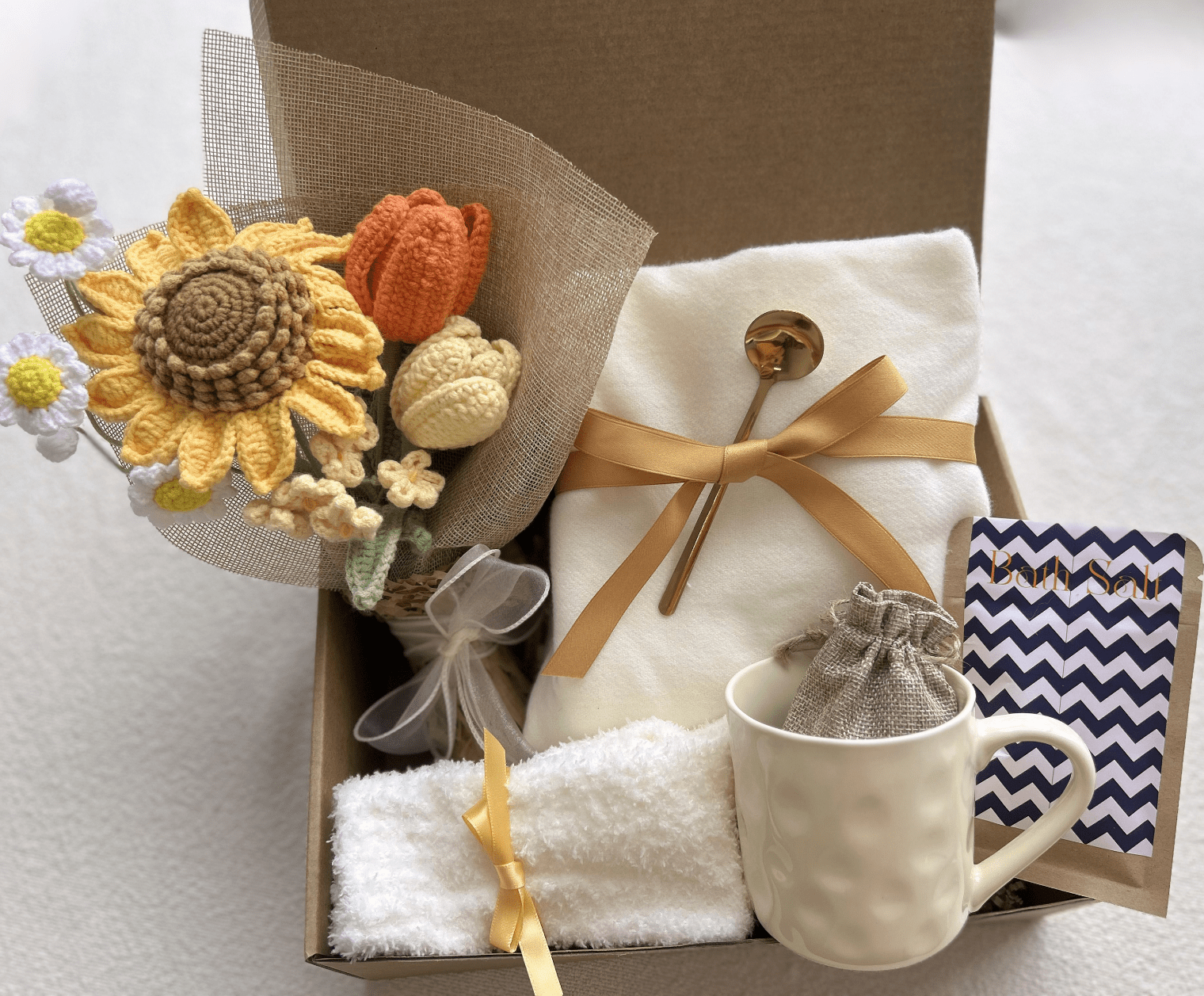 Sunflower Gift Basket with Handmade Crochet Sunflower Bouquet and Spa Essentials - Basketful Gifts