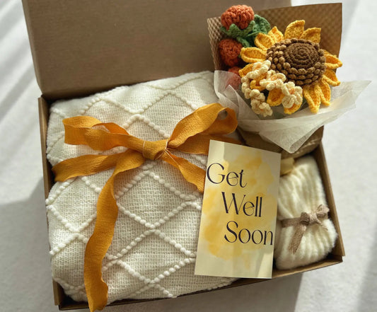 "Sunshine Recovery" Get Well Soon Gift Box: Cozy Diamond-Knit Blanket & Handmade Sunflower Bouquet - Basketful Gifts